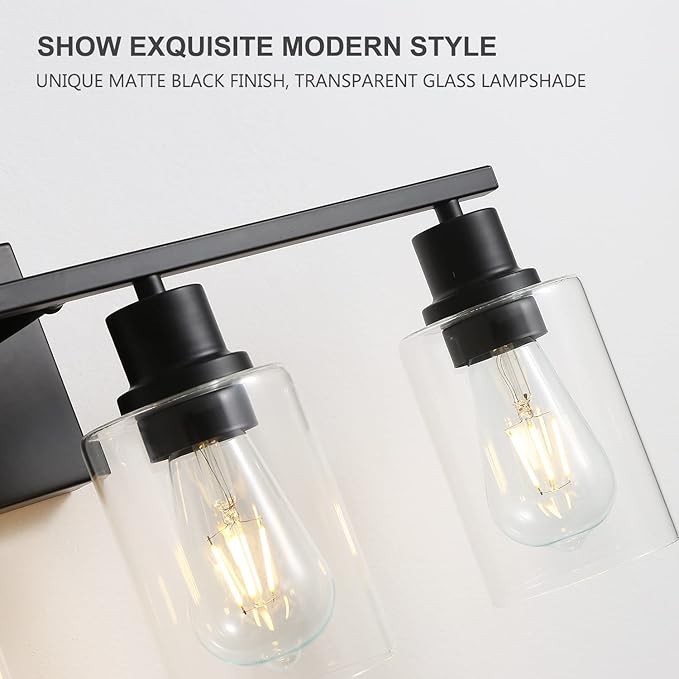 Bathroom Vanity Light Fixtures, 4-Light Matte Black Bathroom Lights, Wall Sconces with Clear Glass Shade for Hallway Farmhouse Bedroom Living Room