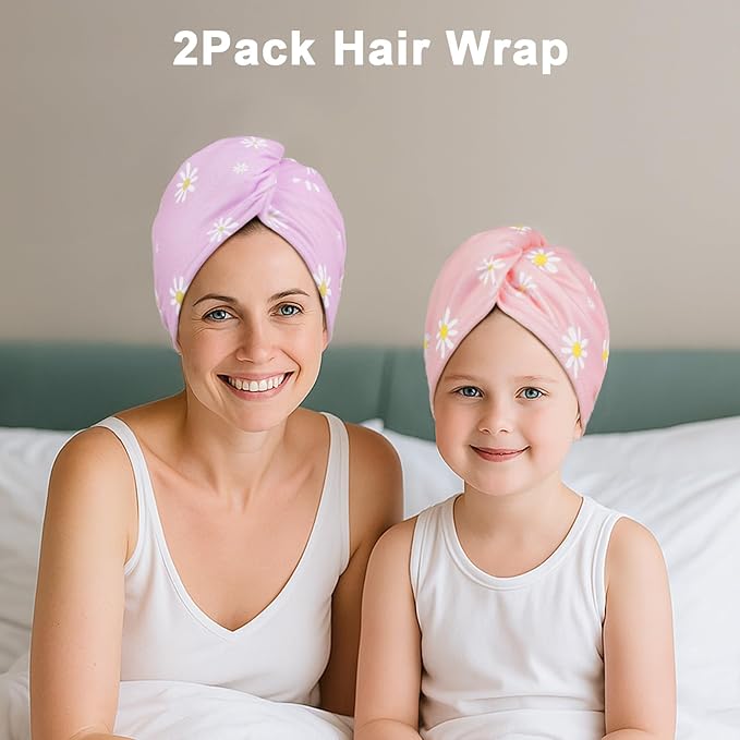 Unicorn Castle Microfiber Hair Towel for Kids 2Pack Hair Wrap Towels Absorbent Hair Drying Towel Wrap Hair Turbans for Curly Thick Hair, Purple Pink Daisy