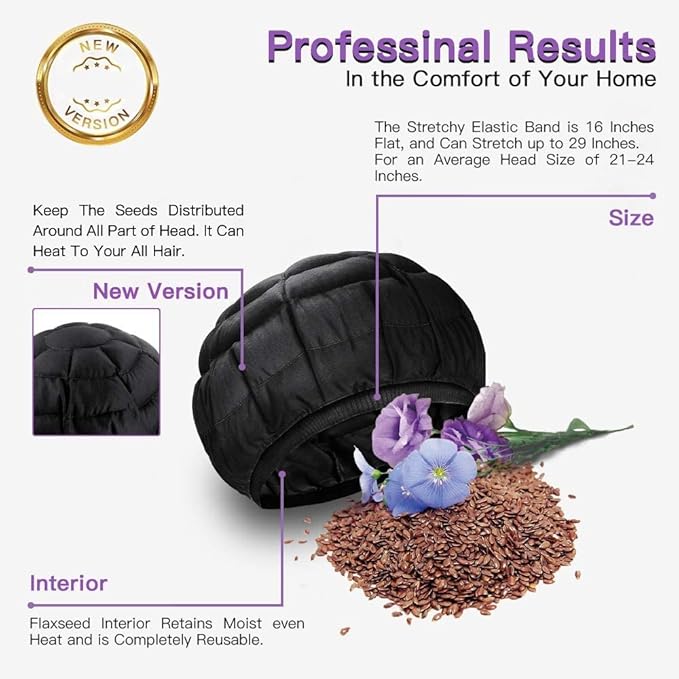 Deep Conditioning Heat Cap Cordless 100% Natural Cotton Flaxseed Seed Interior Microwave Treatment Steam Hot Cap for Deep Conditioning Natural Curly Hair, Drying, Styling (Black)