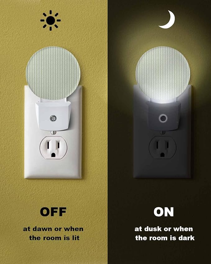 Night Lights Auto Sensor Sage Green Pinstripes Night Light Woven Denim Striped Round Lamp Plug-in LED Nightlights Dusk to Dawn for Living Room Bedroom Bathroom Hallway Wall Decor