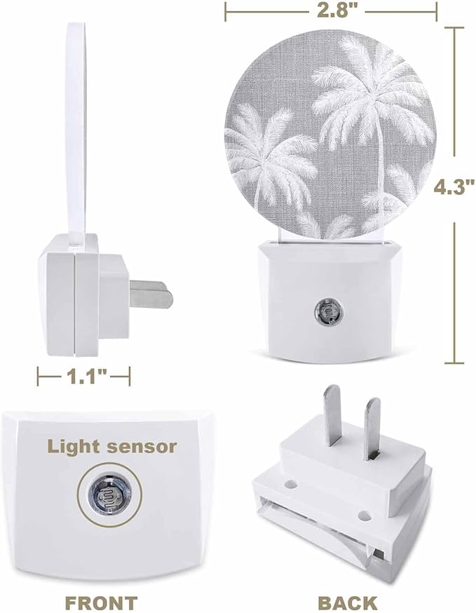 Night Lights Auto Sensor Tropical Palm Trees Night Light Grey Linen Coastal Round Lamp Plug-in LED Nightlights Dusk to Dawn for Living Room Bedroom Bathroom Hallway Wall Decor