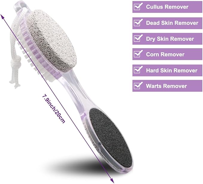 4-Pack 4 in 1 Pedicure Tool Callus Remover - Foot Scrubber with Pumice Stone, Cleaning Brush, Metal Rasp & Sandpaper for Dead Skin and Shower (Purple and Blue)