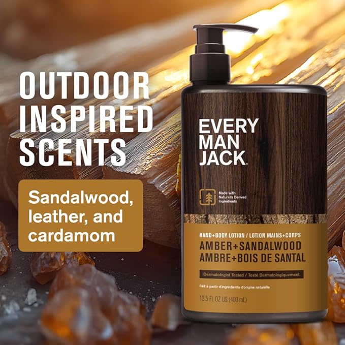 Every Man Jack Mens Amber + Sandalwood Hand & Body Lotion for All Skin Types - Dermatologist Tested & Hypoallergenic - Nourish Skin with Lightweight Fast Absorbing Lotion - 13.5oz (2 Pack)
