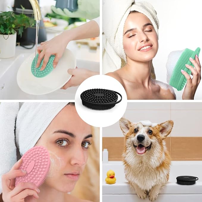 3 Pack Silicone Body Scrubber, Soft Silicone Loofah, Exfoliating Body Scrubber Fit for Sensitive and All Kinds of Skin, Rapid Foaming, Clean and Sanitary,Black,Green,Pink