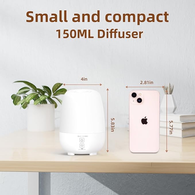 SEEDSEEL 150ML Rechargeable Battery Operated Essential Oil Diffuser,7-Hour Runtime with 7 LED Color Changing Lights Portable Cordless Aromatherapy Diffuser