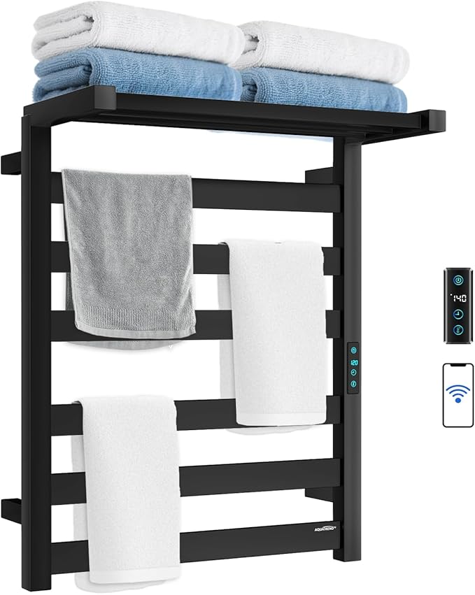 Towel Warmer Rack with WiFi, 6 Bars Large Towel Racks with Temperature & Timing Control, Foldable Bracket, Digital Display, Stainless Steel, Plug-in, Wall Mounted, Black