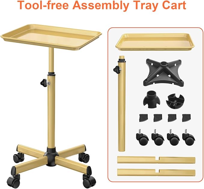 Salon Tray Cart Tattoo Tray Rolling Cart, Service Rolling Tray, Height Adjustable Styling Tray, Storage Tray Trolley for Beauty Salon Clinic Spa (Champagne Gold)