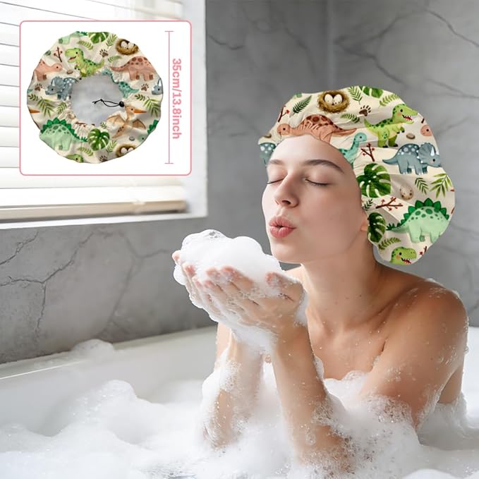 Dinosaurs Leaves Reusable Shower Cap Cute Double Layer Waterproof Shower Caps Large Elastic Hair Cover Adjustable Hair - Drying Caps for Woman Bath SPA Travel One Size Fits Most