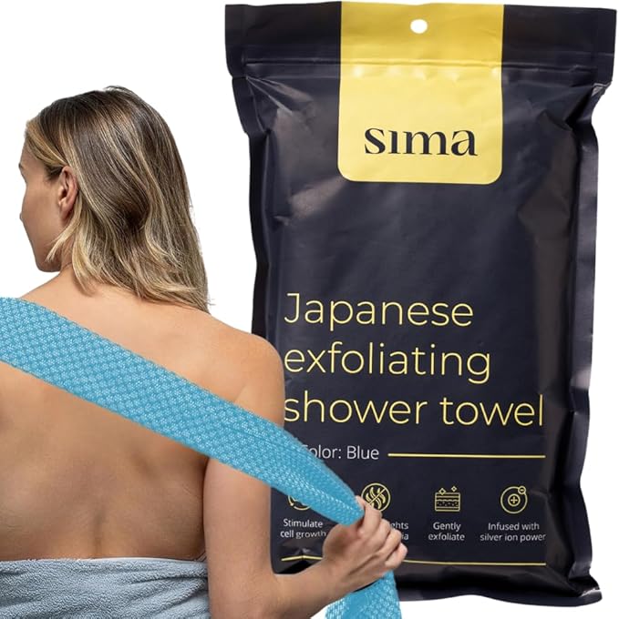 Sima Brand Exfoliating Washcloth Face & Body Scrub Towel - Japanese Exfoliating Towel with Hexagon Fibers, Body Scrubber with 2 Sides for Scrubbing & Washing, Extra Long Body Towels (Blue)