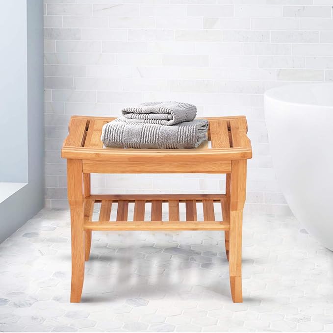Giantex Bamboo Shower Bench Seat with Storage Shelf, Shower Spa Chair Seat Bench Organizer Stool for Indoor or Outdoor