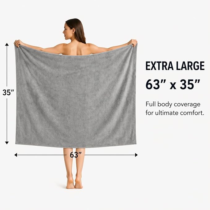 SEISSO 4 Pack Extra Large Bath Towels 63"x35", Bath Sheets for Sensitive Skin 70% Polyester 30% Viscose Fiber from Bamboo, Super Soft, Highly Absorbent & Quick Dry, Oversized Shower Towels