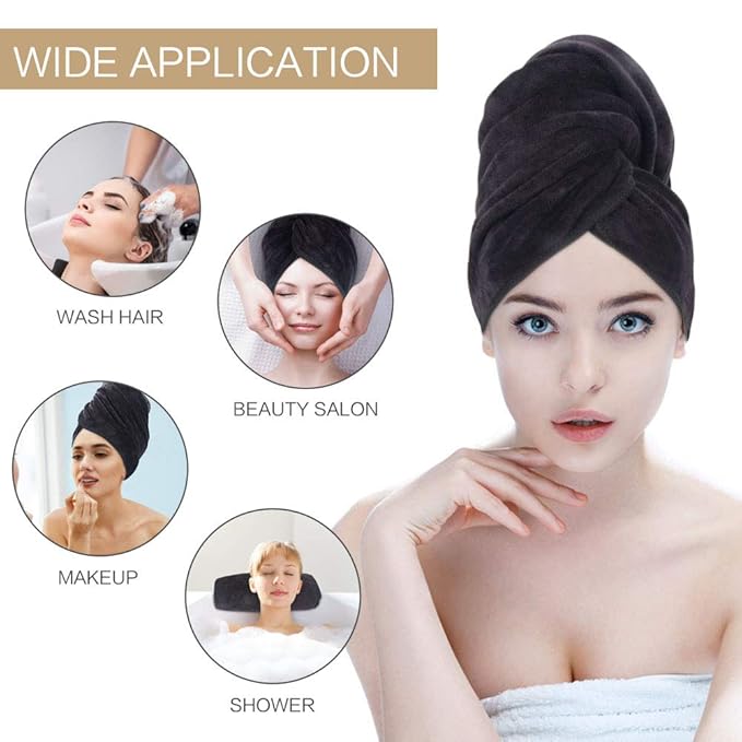 SUNLAND Microfiber Hair Towels Anti Frizz Hair Drying Towel Super Absorbent Fast Drying Turbans for Wet and Curly Soft Head Towel Wrap with Elastic Band 24 inch X 43 inch Black