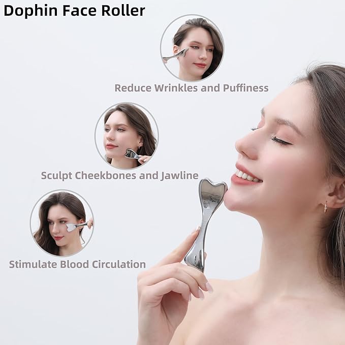 pfefe Stainless Steel Gua Sha & Face Roller, 3-in-1 Dolphin Facial Roller for Esthetician Supplies Women Gift, Skin Care Tool for Puffiness, Wrinkles, Dark Circles (1 Pc)