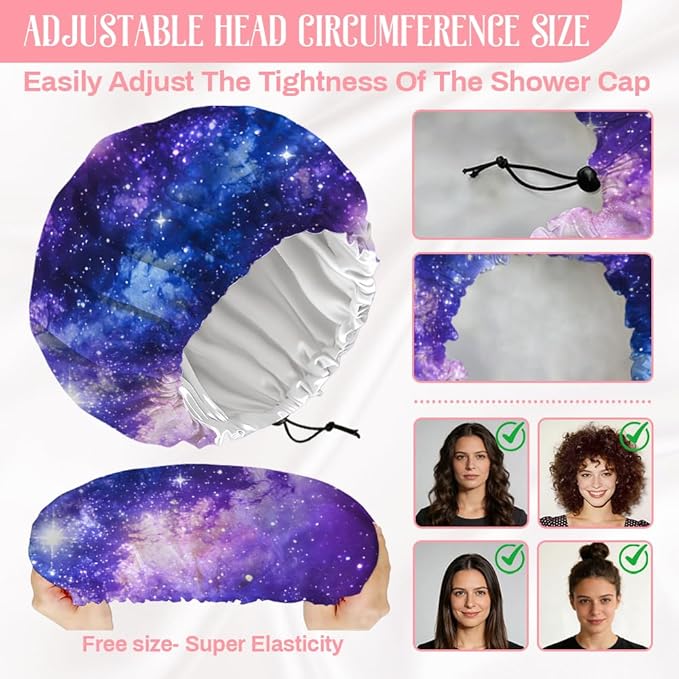 Starry Sky Reusable Shower Cap Milky Way Double Layer Waterproof Shower Caps Large Elastic Hair Cover Adjustable Hair - Drying Caps for Woman Man Bath SPA Travel One Size Fits Most