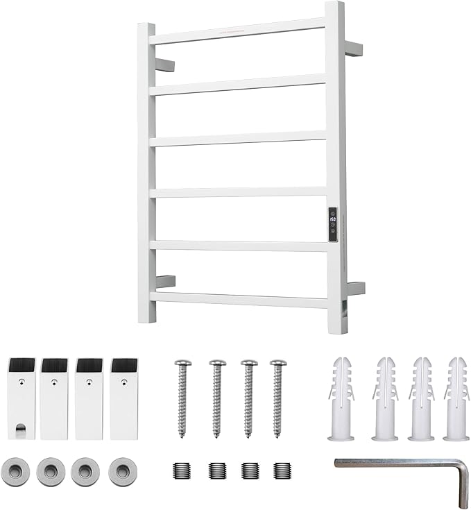 Heated Towel Racks for Bathroom, Wall Mounted Electric Towel Warmer Racks with Timer & Temperature Control, Stainless Steel Towel Heater for Bathroom (Square-White 6 Bars)