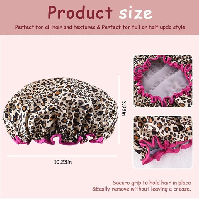 Vintage Leopard Print Shower Cap for Long Hair Braids Womens Fabric Waterproof Large Leopard Shower Caps for Women Washable Elastic Adjustable Bath Hair Caps for Washing Spa Bath Cap for Women Trendy
