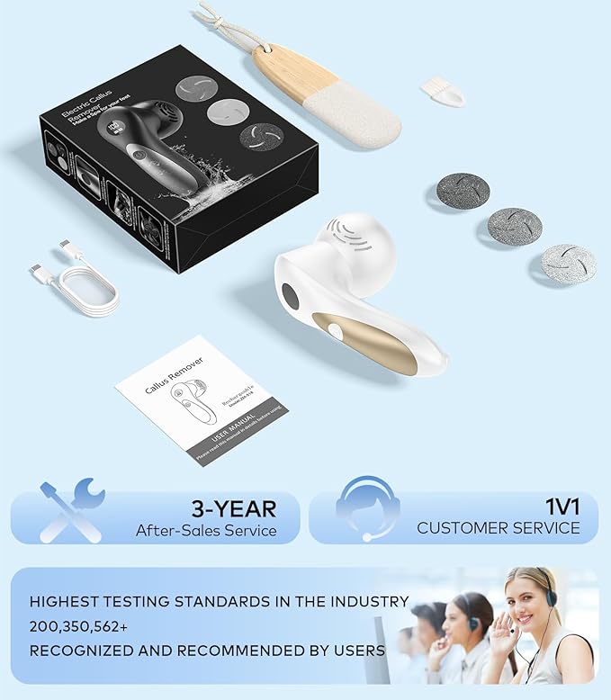 Rechargeable Electric Callus Remover for Feet with Vacuum, Pumice Stone Foot File for 100% Full Foot Care Coverage, 2-Speed & 3 Grinding Heads, Ideal Gift for Dead, Hard Cracked Dry Skin, White