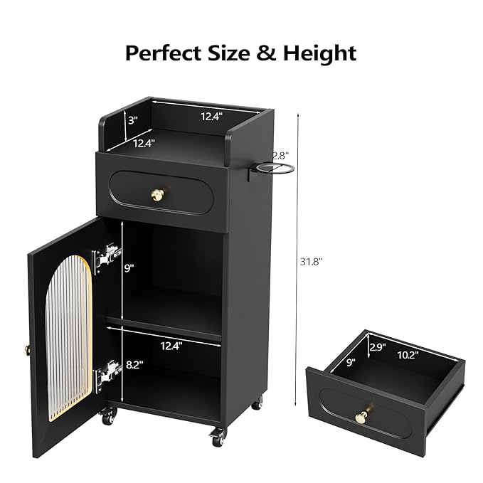 OmySalon Salon Cart with Wheels, 3-Tier Rolling Beauty Cart with Glass Door & Dryer Holder, Mobile Hair Styling Station for Barber, Spa, Esthetician, Nail & Tattoo Artists, Lockable Storage, Black