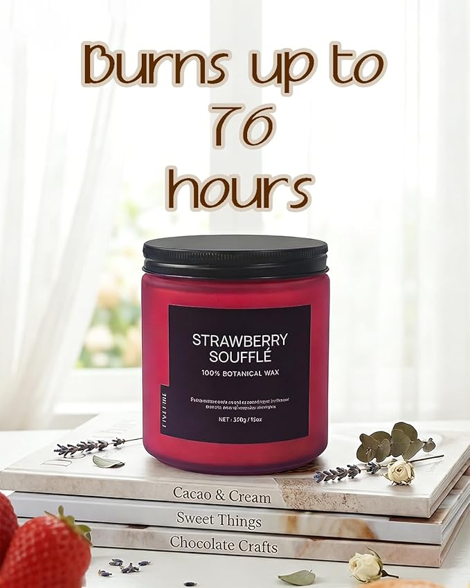 Strawberry Soufflé Home Scented Candles, 13oz Organic Soy Wax, 76-Hour Clean Burning, Natural Non-Toxic, Sweet & Fruity Gourmand Scent for Relaxation, Aromatherapy Housewarming Candle Men Women