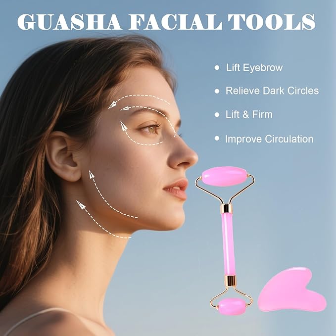 Gua Sha Facial Massage Tool and Roller Set, Facial Massager for Face, Neck, Arms, Eyes, Reduce Puffiness, Improve Wrinkles, Daily Self-Care Gift for Men and Women Emerald Green Pink White