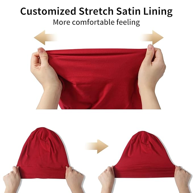 Satin Bonnet Silk Lined Sleep Cap- Adjustable Hair Cover for Women Men Frizzy Hair Night Cap Patients Care Wine Red