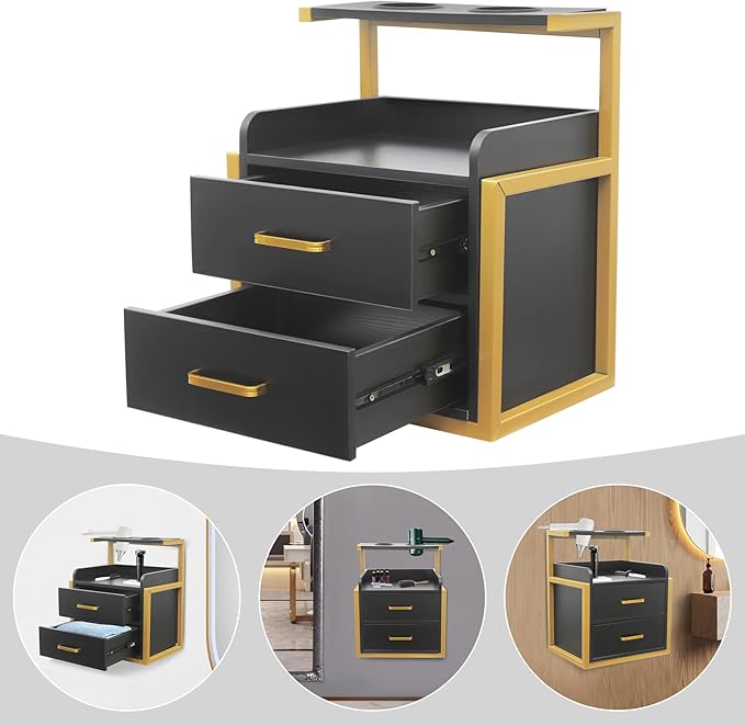 Salon Cabinet, Salon Storage Organizer with 2 Drawers, 110.23Lbs Load Capacity Salon Wall Cabinet, Hanging Styling Station Equipment for Spa, Barber Store, Locker Room, Bathroom (Gold＋Black)