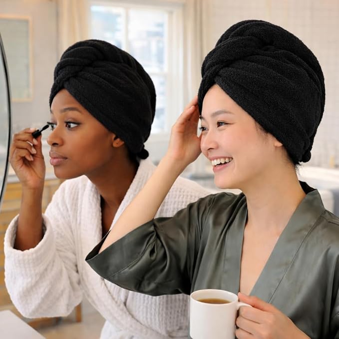 100% Turkish Cotton Hair Towel Wrap 2 Pack – Oeko-TEX Certified Quick Dry Turban for Wet Hair – Soft, Absorbent, Gentle on Curly & Long Hair – 10x26 Inch