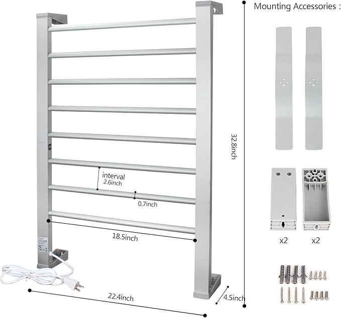 ELEGANTLIFE Electric Towel Warmer for Bathroom, Heated Towel Rack with Timer & Auto Shut-Off, Freestanding or Wall-Mounted Aluminum 8-Bar Design for Towels and Bath Sheets