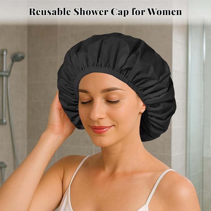 3 Pack Waterproof Reusable Shower Cap for Women, Hair Cap for Long Thick Hair, Lightweight Bath Hat for Daily Use