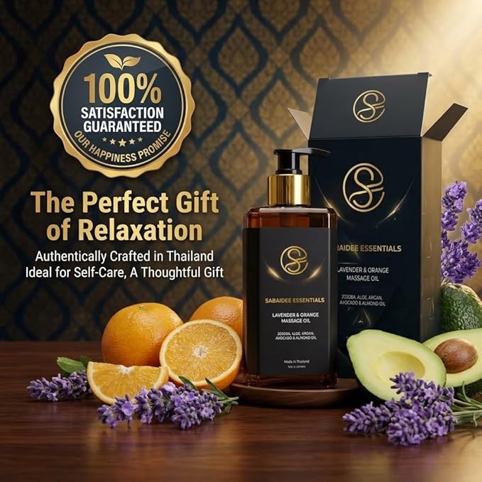 Aromatherapy Massage Oil - Lavender Oil & Orange 10 Fl Oz - Thai Body Oil for Massage Therapy with Jojoba, Avocado, Argan, Aloe, Almond - Relaxing Body Care & Self-Care