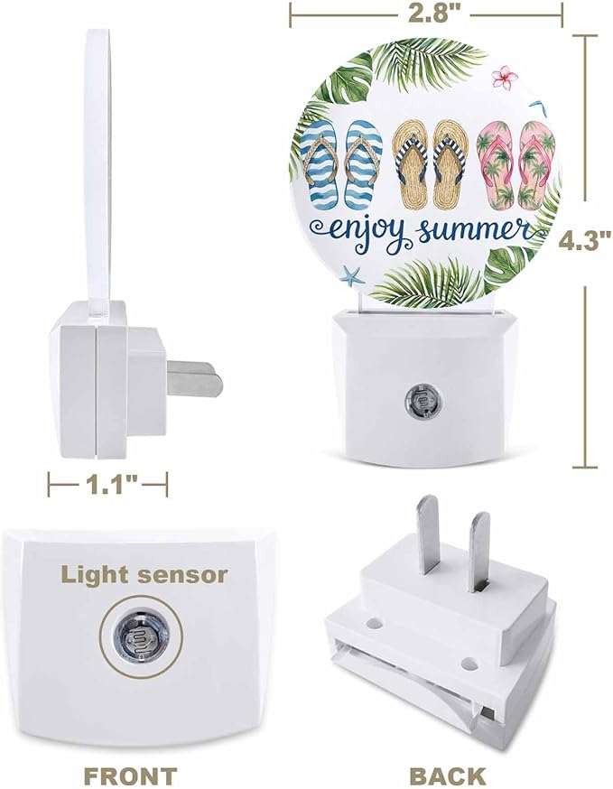 Night Lights Auto Sensor Flip Flops Night Light Enjoy Summer Green Palm Leaves Round Lamp Plug-in LED Nightlights Dusk to Dawn for Living Room Bedroom Bathroom Hallway Wall Decor
