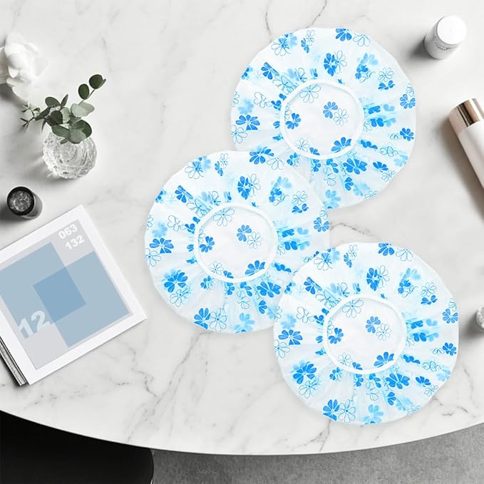 18 Pack Shower Caps for Women,Waterproof Reusable & Disposable Adjustable Bath Caps For Spa Long Hair Travel Saunas (Blue Flowers)