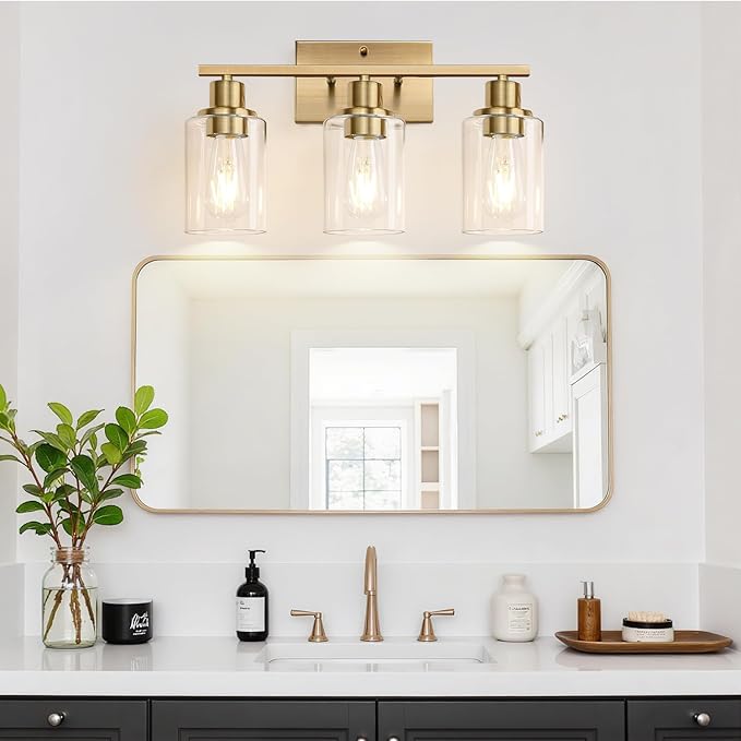 Indoi 3 Light Bathroom Light Fixtures, Brass Vanity Lights for Bathroom with Clear Glass Shades, Modern Bathroom Wall Sconces for Mirror Living Room Cabinet