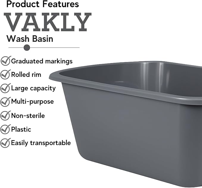 Vakly Wash Basins – Rectangular Plastic Hospital Bedside Soaking Tub - Small 7 Qt Graduated Bucket - Portable Washbasin for Washing, Cleaning, Foot Bath, Dishes, Face Cleansing Bowl (6)