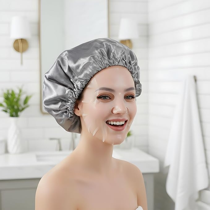 1 Pc Reusable Shower Cap for Women, Grey Double Layer PEVA Lined Waterproof Bath Caps with Adjustable Drawstring, Hair Cap for Short Hair (Spa & Home Use)