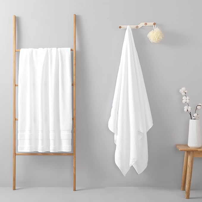REDKISS 100% Cotton Bath Towels Set of 2, Extra Large Bath Sheets 35 X 70 Inches, 800G, Quick Dry, Ultra Soft & Super Absorbent Bathroom Towel Sets for Bathroom, Gym, Spa, Pool & Hotel, White