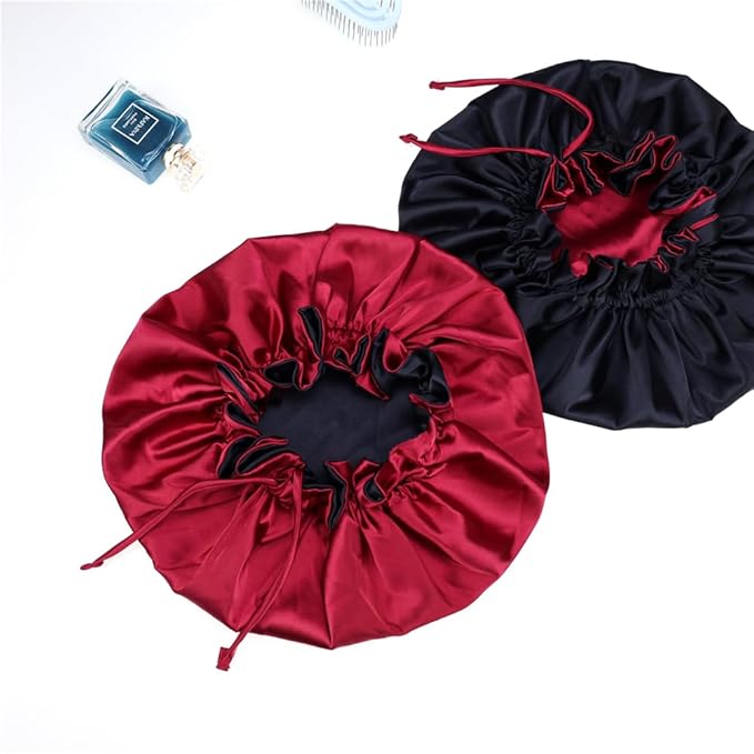 Adjustable Silk Satin Bonnet Hair Care Caps for Women Girls Loose-fitting Reversible Sleeping Cap Shower Caps Hair Wrap Bonnets (008 Wine/Black)