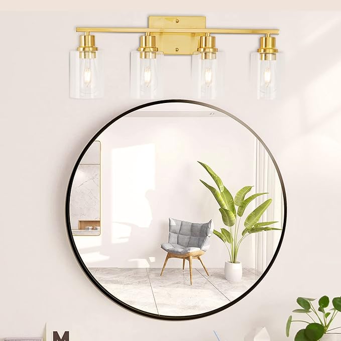 4-Lights Gold Bathroom Light Fixture, Brushed Brass Vanity Light with Clear Glass Shade, Modern Bath Wall Lights for Living Room, Hallway, Bedroom