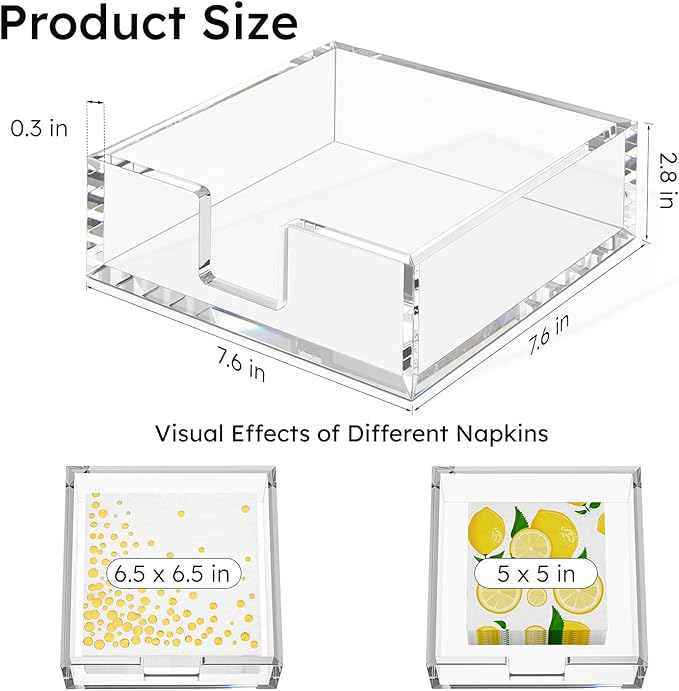 HIIMIEI Acrylic Napkin Holder for Table: Square Luncheon Napkin Tray, Flat Decorative Guest Towel Holder for Bathroom, Kitchen, Bar, Dinner, Party, 7.6 x 7.6 inches（Clear)