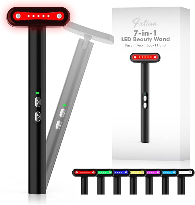 Fxtiaa Led-Light-Therapy, 7 Color Face Skincare Wand with Facial Massager LED Face Skin Rejuvenation for Face & Neck & Eye Skincare Equipment Red Light Wand