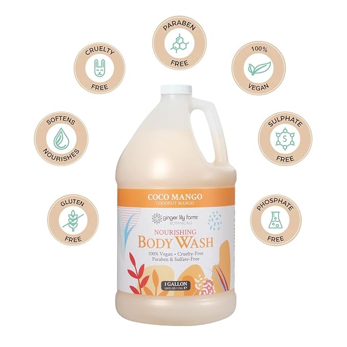 Ginger Lily Farms Botanicals Nourishing Body Wash, 100% Vegan & Cruelty-Free, Coconut Mango Scent, 1 Gallon Refill 128 Ounce (Pack of 4)