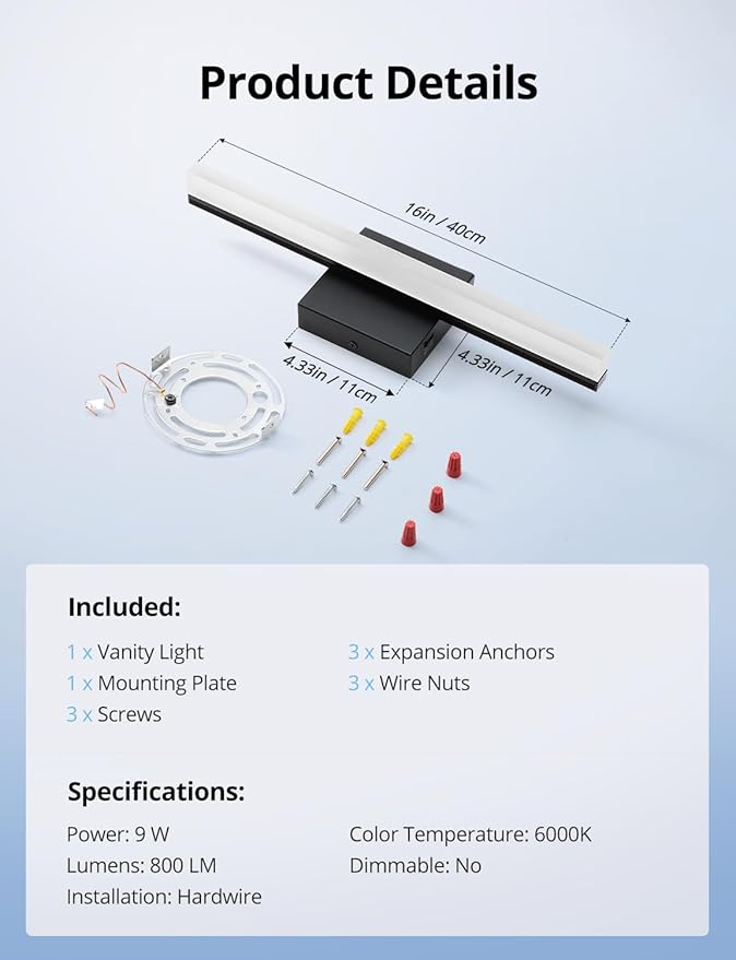 Combuh LED Bathroom Light Fixtures Over Mirror, 16 Inch 9W Black Vanity Light Bar for Bathroom, IP44 Modern Bath Wall Lighting Fixture Indoor Cool White 6000K