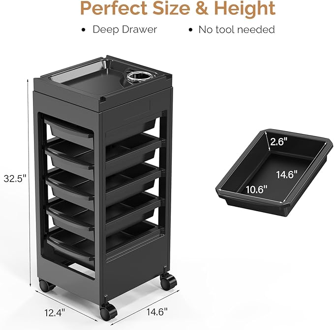 OmySalon Salon Cart for Hair Stylist Black with 5 Drawers & Hair Dryer Holder, Hair Cart Organizer Storage Cabinet for Hairdressing Beauty Spa Tools, Rolling Barber Cart