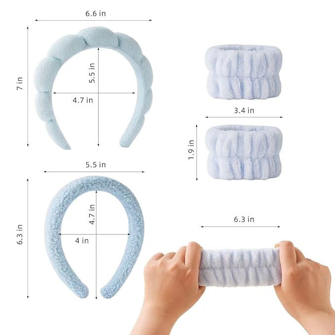 2Pcs Spa Headband for Washing Face & 1 Pair Wristband Set - Sponge Makeup Skincare Headband, Terry Cloth Bubble Soft Hairband, Puffy Padded Non-Slip Thick Hair Accessory for Women & Girls (Blue)