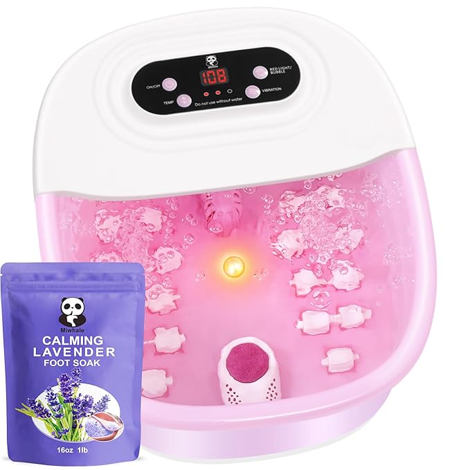 Foot Spa Bath Massager with Heat Bubbles and Vibration Massage and Jets, 16 OZ Calming Lavender Foot Soak Epsom Salt, Miwhale Foot Soaker with Red Light, 22 Massage Rollers, Adjustable Temp - Pink