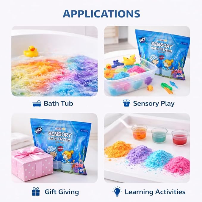 Bubble Bath for Toddlers 1-3 - Colorful Bath Fizzies Powder – 4 Bubble Fizzing Bath Colours - Fun & Educational Bath Gift Set - Crack Sounds & Sensory Fun - Resealable 800g Bag