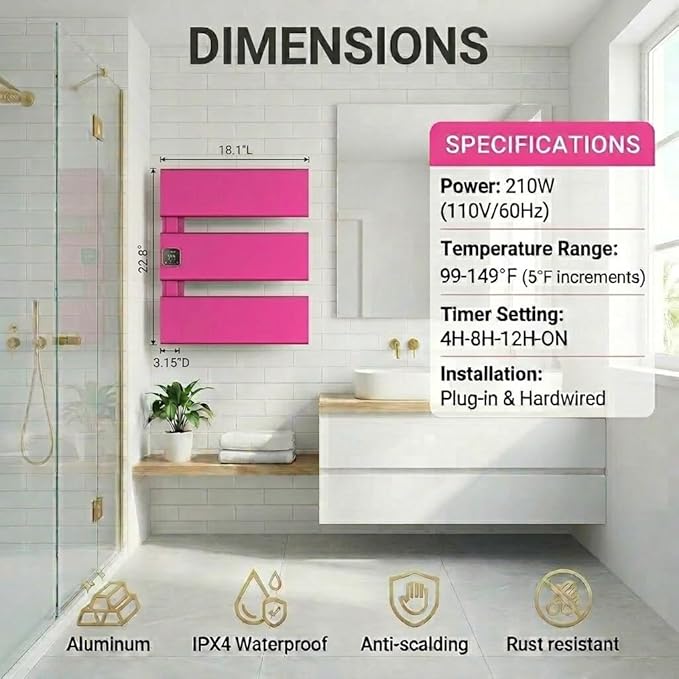 Electric Towel Warmer, Heated Towel Rack with Thermo Control and Timer, Fast Heating Towel Rail for Bathroom with Memroy Function, Work with Smart Plug, Left-Wiring, 3 Panel, Pink