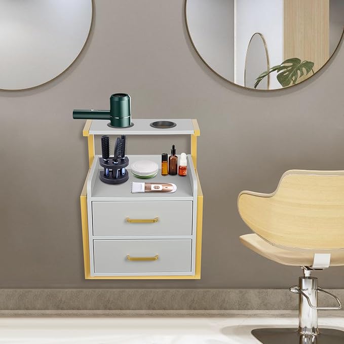 Suspended Salon Wall Cabinet with 2 Drawers & Hair Dryer Holder, Storage Cabinet for Hair Salon, Wall Mounted Styling Station, 15.75'' Wide Storage for Hair Salons, Spas, Home Use (Gray)