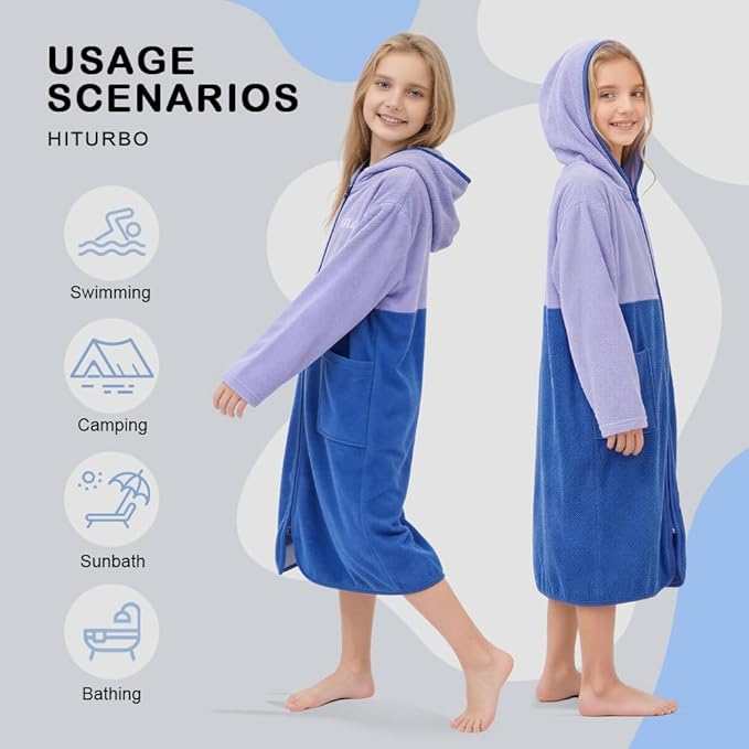 Hiturbo Kids Bath Towel Hoodie: Zipper Surf Poncho Long Sleeve Quick Dry - Absorbent Changing Towels Swimming Outerwear for Beach Pool - Purple/Blue