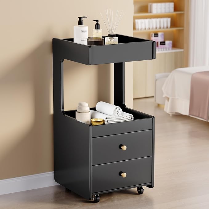 Salon Trolley Cart, Esthetician Cart with 2 Drawer & 2 Trays, 2 Lockable Wheels Hair Styling Station, Tool Organizer Storage Cabinet for Beauty Spa Barbershop, Black